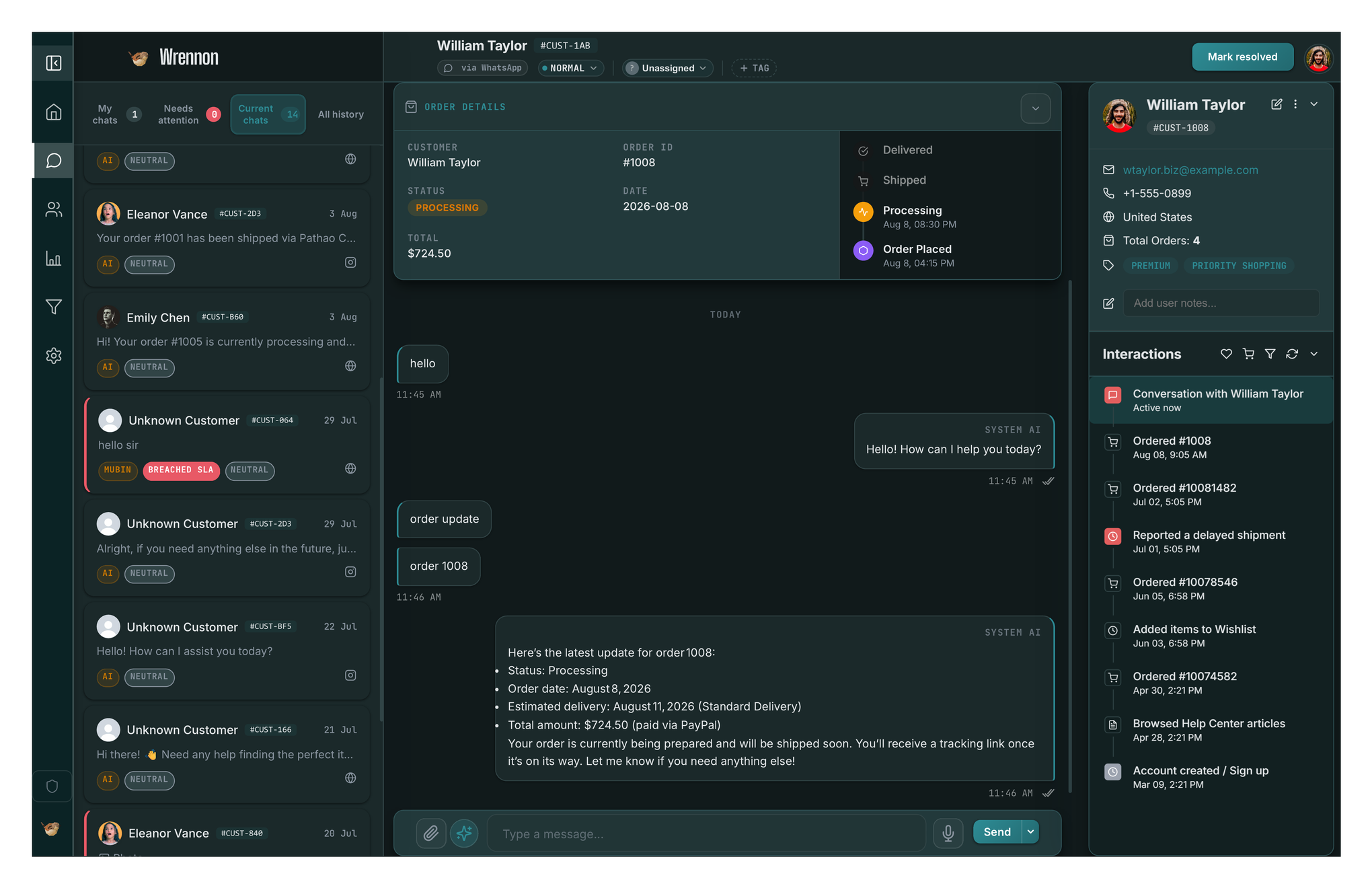 Wrennon Agent Dashboard showing a customer conversation with order details